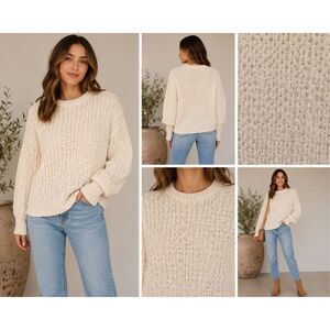 A New Day Chunky Knit Sweater Cream Textured Cozy Pullover Size L